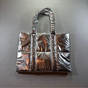 Bath & Body Works Bling Shine 19" x 14" Puffer Tote Bag Metallic Silver Logo NWT